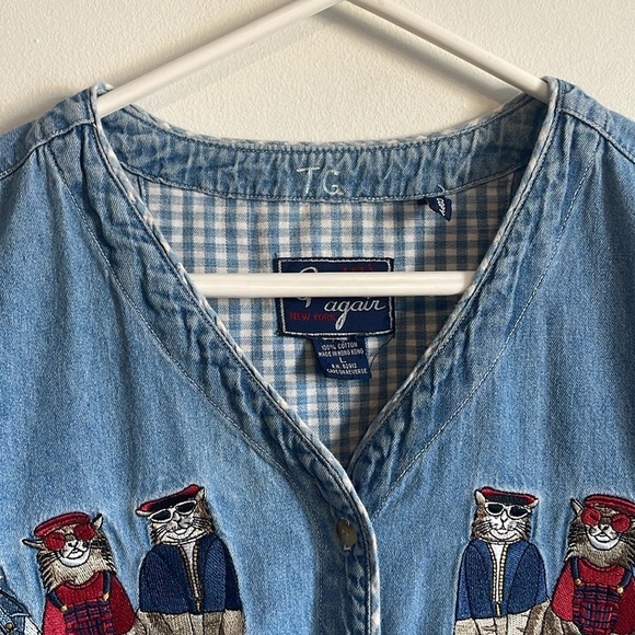 90s Cottage Cat Embroidered Cool Shirt Denim Granny Large Jean Blue Catlady - Picture 7 of 16